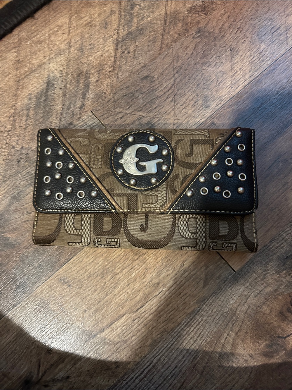 Guess Brown and Black Monogram Studded Continental  Wallet